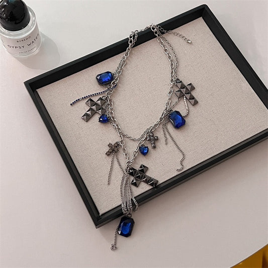 Blue Zirconia Cross Tassel Necklace