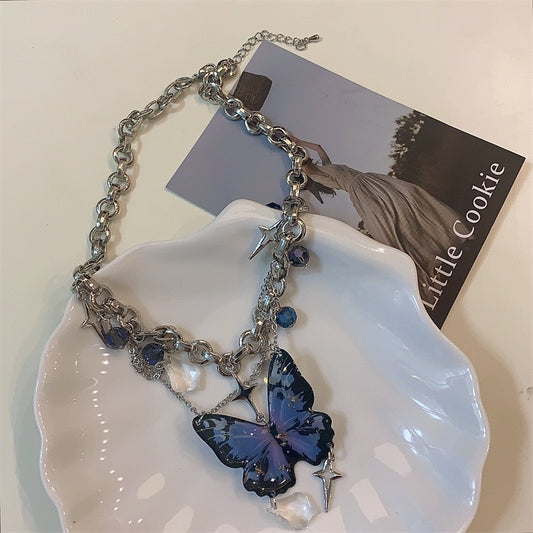 Baroque Blue Butterfly Tassel Necklace